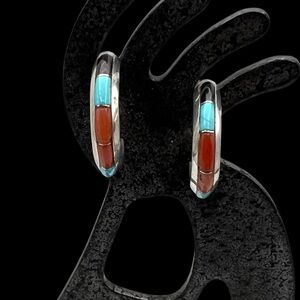 Juan Charlene Chico Zuni Sterling Silver Turquoise Multi Stone Hoop Earrings